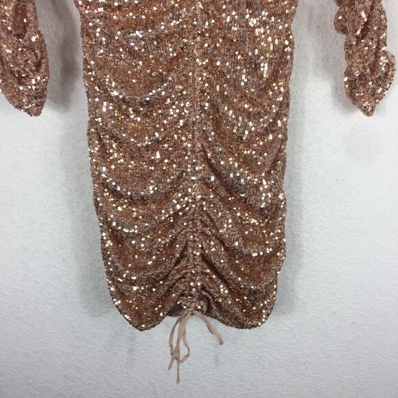 Zara Rose Gold Sequin Long Sleeve Ruched Mini Dress Small Cocktail Off Shoulder - Picture 10 of 16